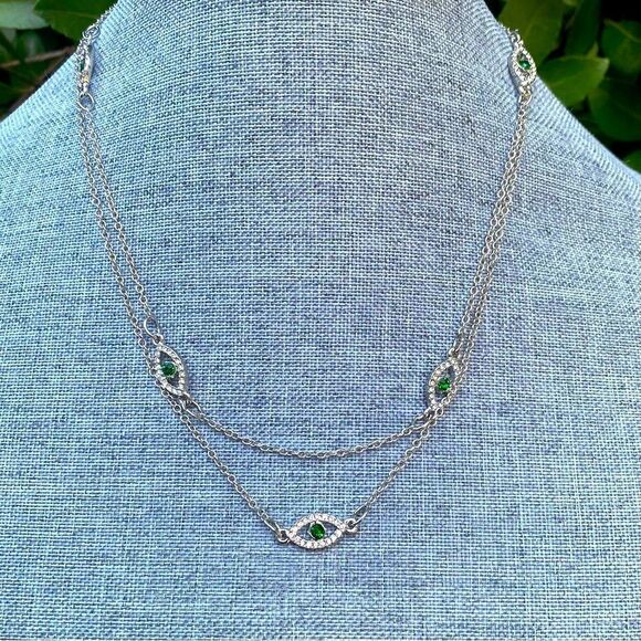 NWT New Urban Outfitters OU Silver/Green Double Layer Evil Eye Pendant Necklace - Picture 2 of 7